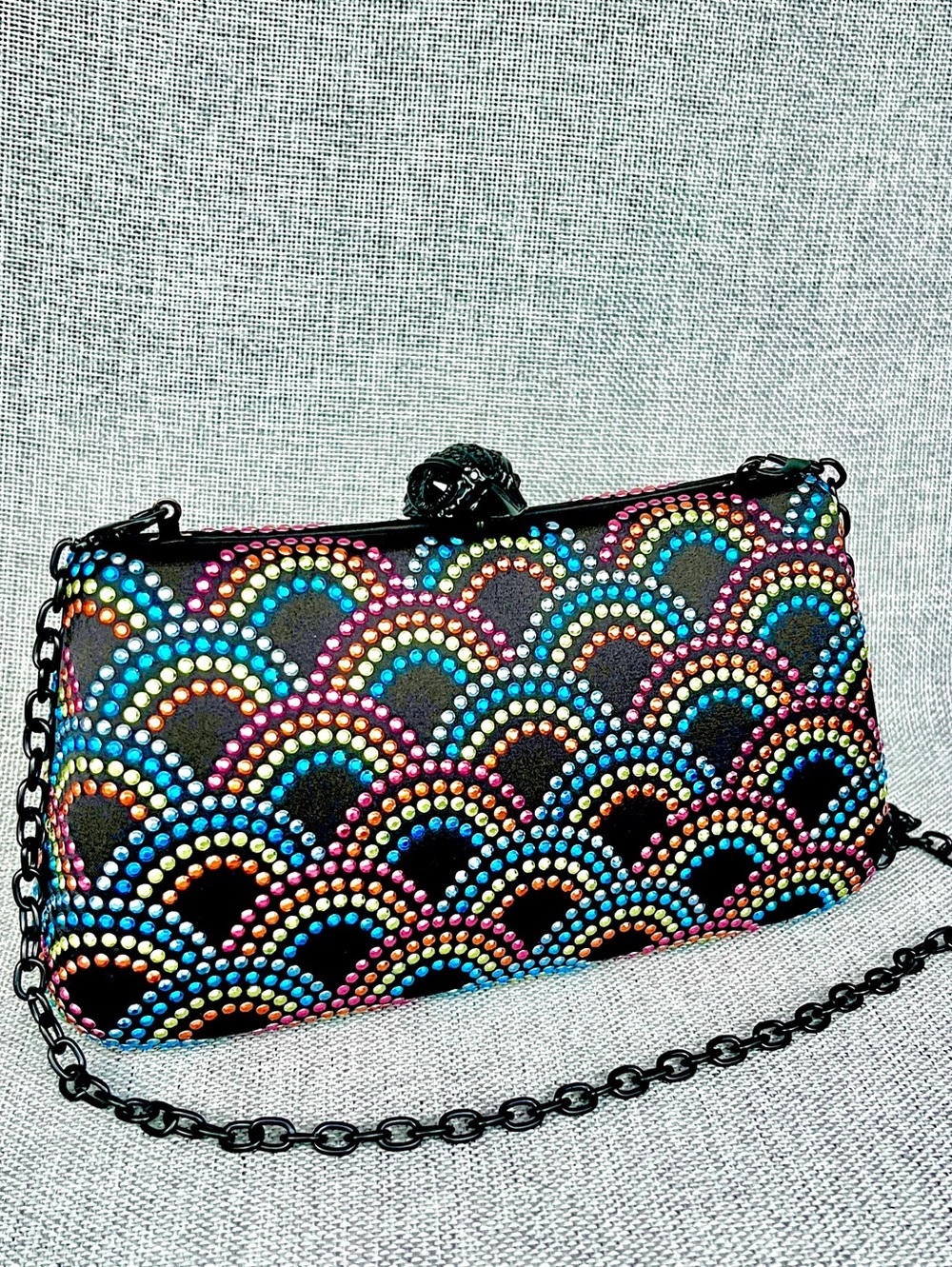 KURT GEIGER Crystal Eagle Clutch Satin with rainbow metallic crystal black